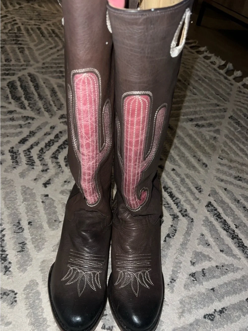 Stetson Brown Leather Over-the-Knee Boots with Pink Cactus Inlay